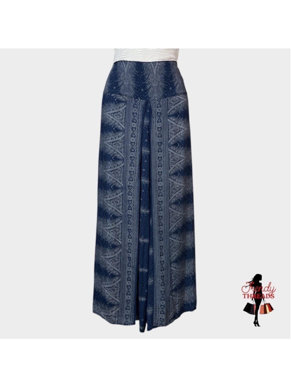 Boho Hippie Side Slit Pants SMALL Blue Wide Leg Ankle High Rise Harem Gypsy Yoga